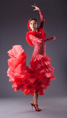 woman flamenco dancer in red costume - obrazy, fototapety, plakaty