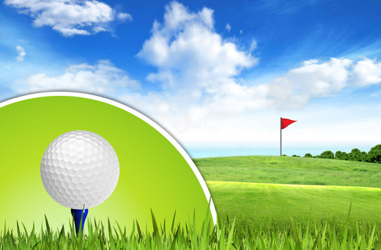 Golf ball on tee off with green grass field over the blue sky ba