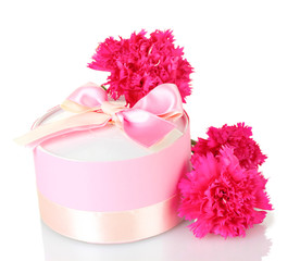 beautirul pink gift and peony flowers isolated on white