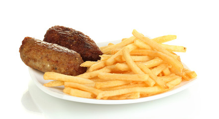 Potatoes fries with burgers in the plate isolated