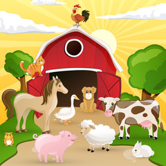 Vector illustration of farm animals infront of a barn