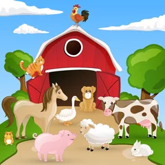 Abwaschbare Fototapete Bauernhof Vektor-Illustration von Nutztieren vor einer Scheune