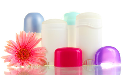 deodorant and flower isolated on white