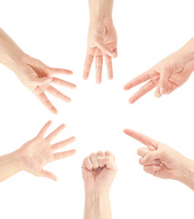 Counting man hands (0 to 5) isolated on white background