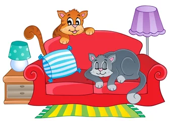 Papier Peint photo Chats Canapé rouge avec deux chats de dessin animé