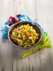 rice salad with chicken celery onions and chili pepper