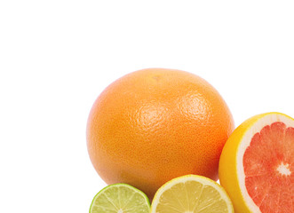 Image of a fresh whole lime, lemon and orange isolated on white