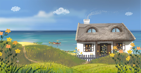 The sunny day. The snug house on a seaside.