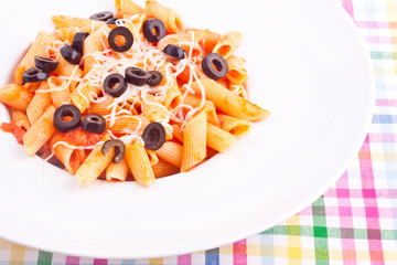 penne pasta with tomato sauce and mozzarella,olive