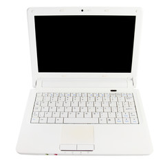 White open laptop with black screen on white background