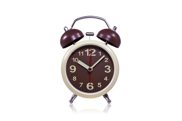 Brown old style alarm clock isolated on white