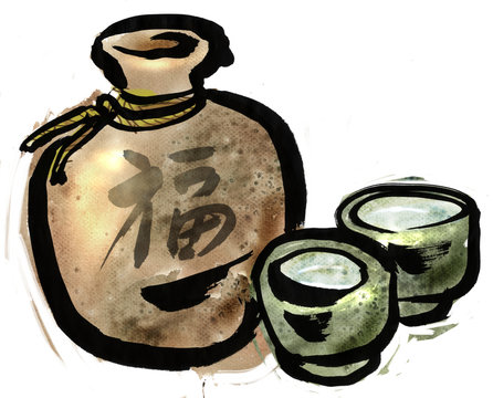 A sake bottle and liquor