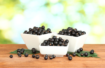 Fresh black currant in white bowls on green background close-up