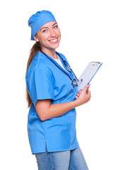 young female doctor holding a writing pad