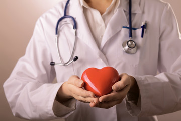 Female doctor with stethoscope holding heart