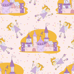 Seamless pattern with princess castle and fairy