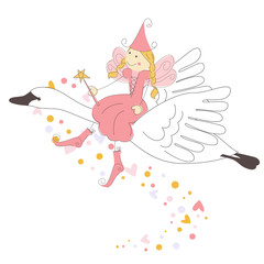 Little fairy flying on a swan
