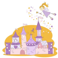 Poster Monde magique Illustration d& 39 une fée avec baguette magique et château de princesse