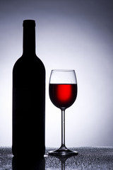 Rotwein Glas im Gegenlicht mit Weinflasche