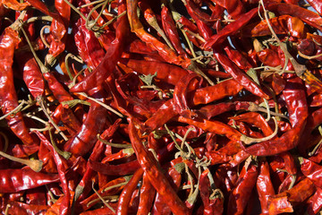 Background of closeup red hot peppers