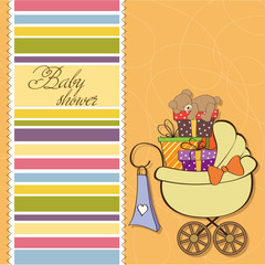 baby shower card with gift boxes in the pram