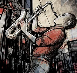 Foto op Plexiglas Muziekband saxofonist in een straat & 39 s nachts