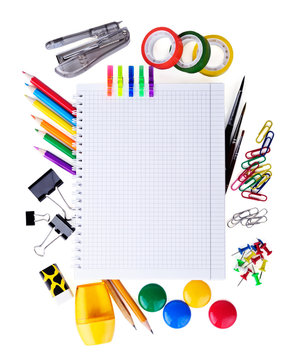 School education supplies items isolated on a white background