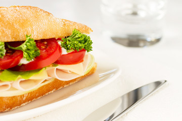 Sandwich with ham, cheese, arugula and tomato