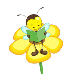 Editable vector bee reading on a flower