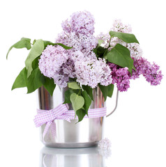 beautiful lilac flowers in metal bucket isolated on white