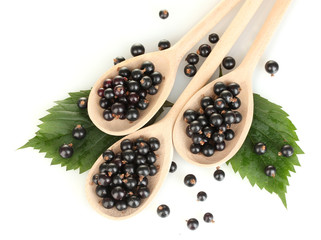 Fresh black in wooden spoons on white background close-up