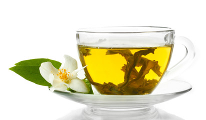 cup of green tea with jasmine flowers isolated on white