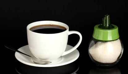 sugar bowl with cup of coffee isolated