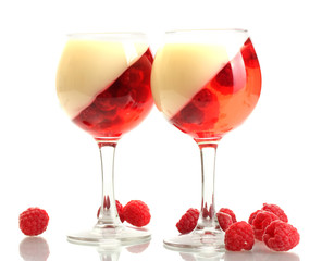 fruit jelly with raspberries in glasses isolated on white
