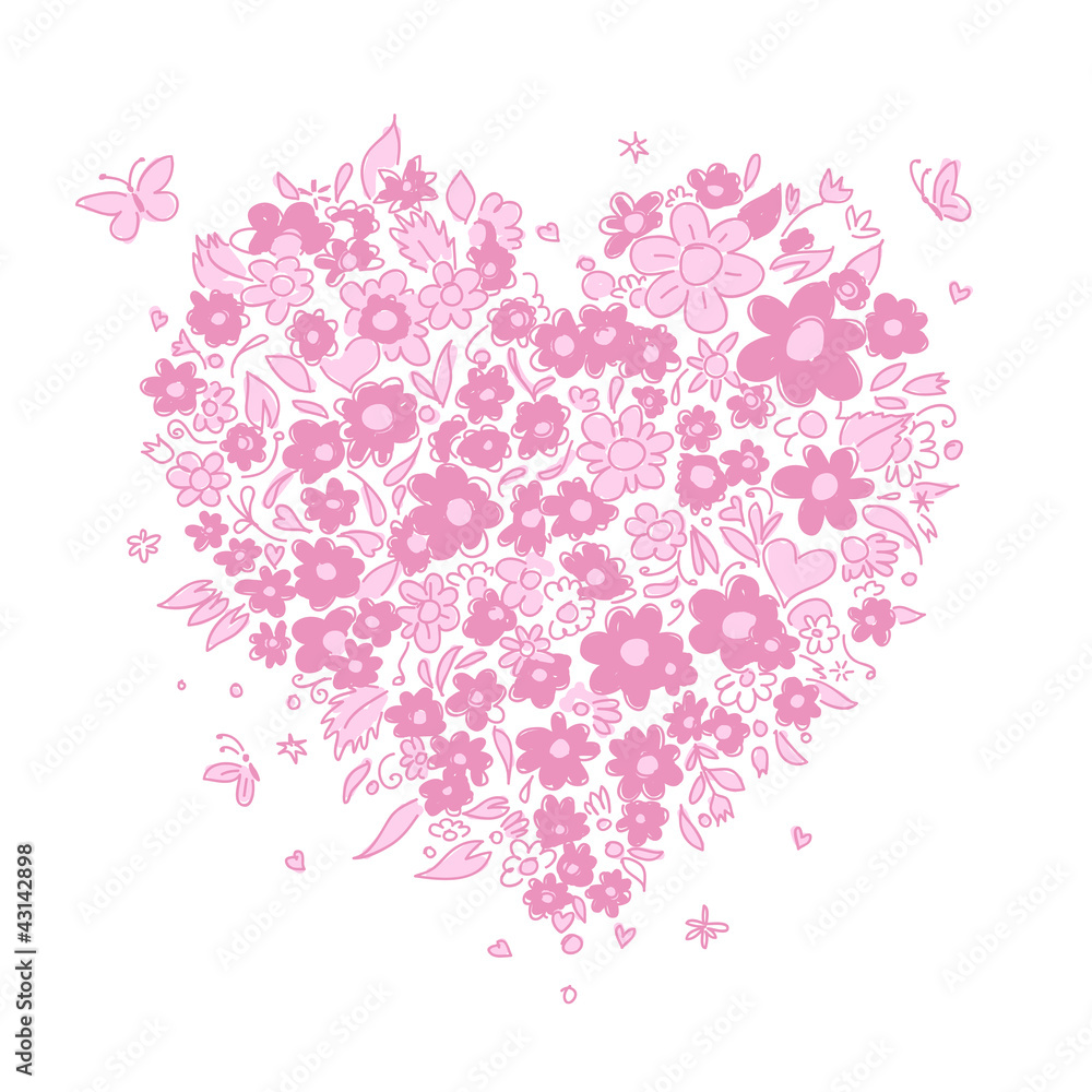 Wall mural sketch of floral heart shape for your design