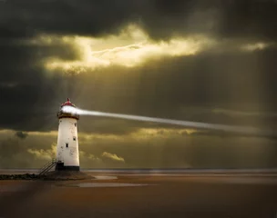 Wandcirkels aluminium lighthouse in a storm with beam shining to sea © meirion