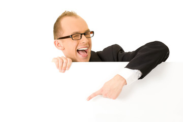 businessman holding a white billboard