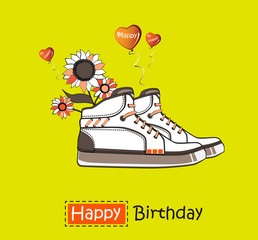 Happy Birthday Card flowers in sneakers