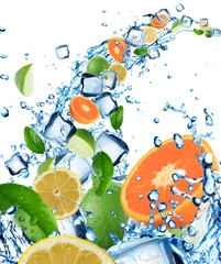 Tuinposter Verse citrusvruchten in water splash met ijsblokjes © Lukas Gojda