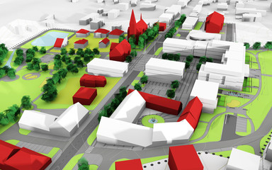 render of a city model in green and white