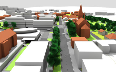 render of a city model in green and white