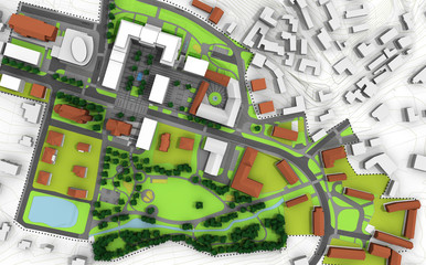 render of a city model in green and white