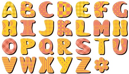 different textile scrapbook alphabet on white background