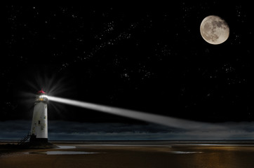 lighthouse at night with light beam and a moon