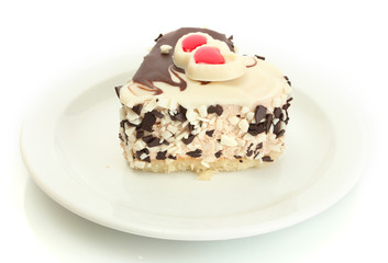 sweet cake with chocolate on plate isolated on white