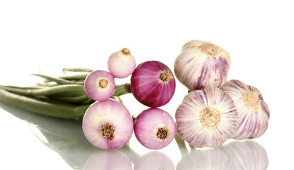 young onions and garlic on white background close-up