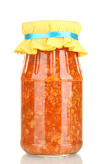 Jar with canned lecho isolated on white