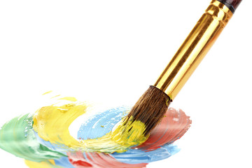Fototapeta premium Abstract gouache paint and brush, isolated on white