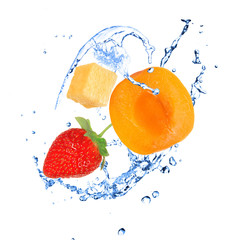 Fruit with water splash over white
