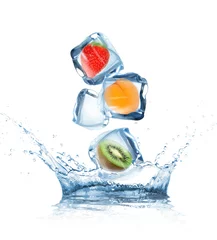 Printed kitchen splashbacks Splashing water Fruit in ice cubes in motion